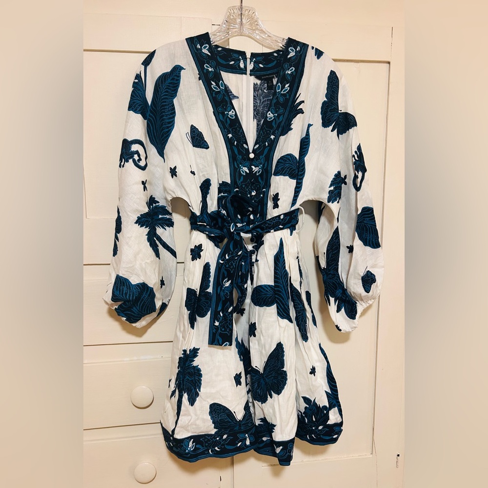 White Dress with Navy Botanical & Butterfly Print
